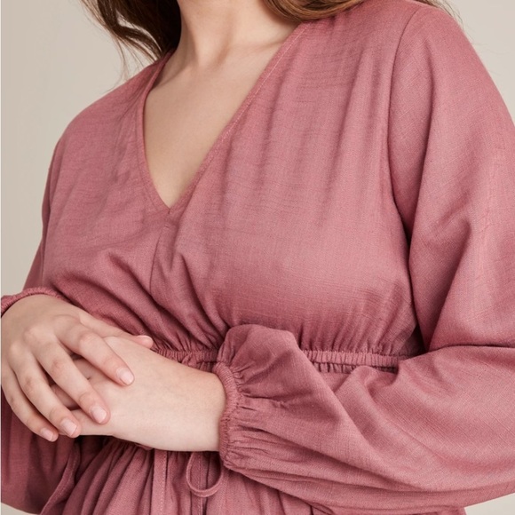 Dusty Rose Puff Sleeve tie front linen blend Women's Top size 12P - Picture 3 of 8